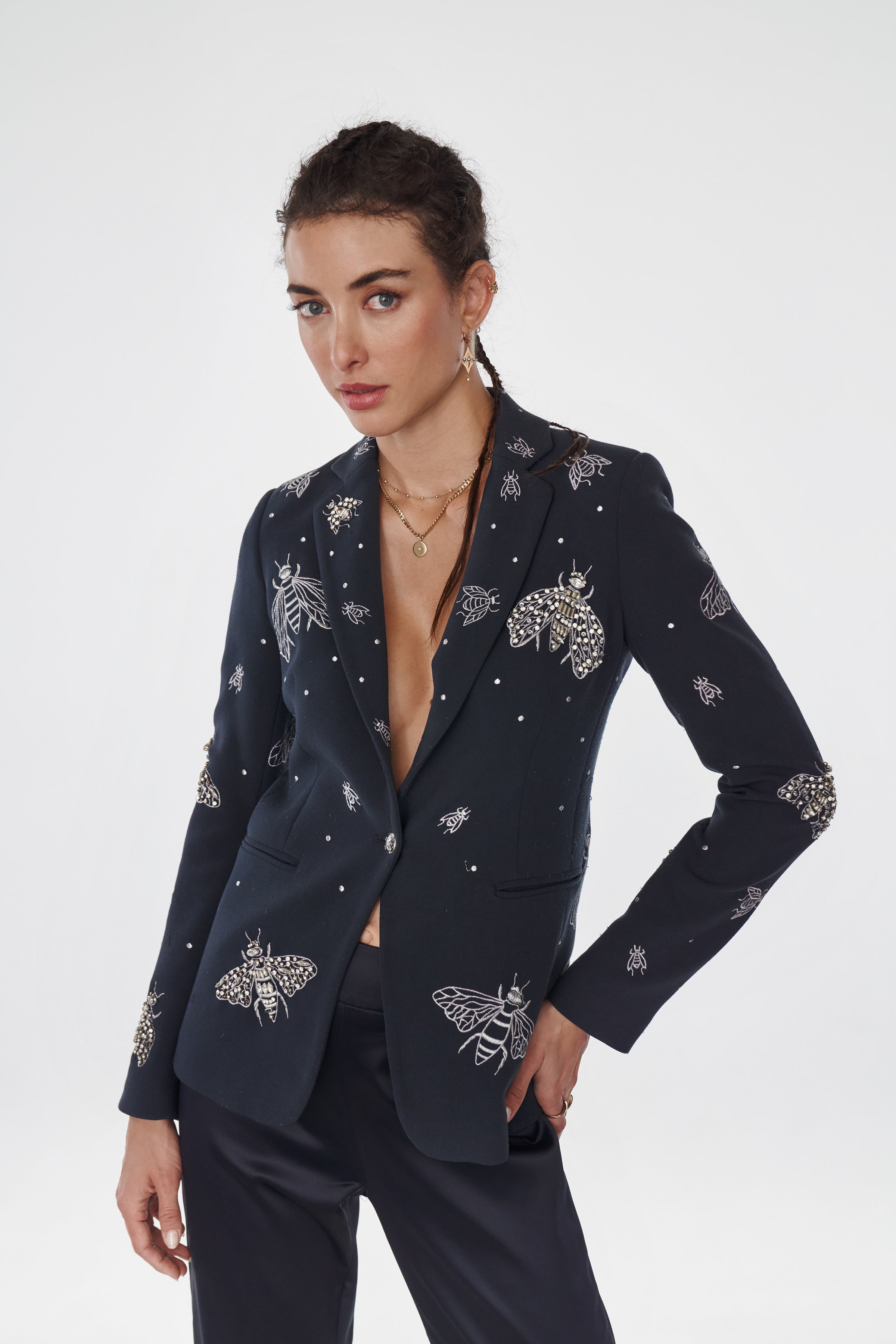 GAIA BLAZER- Embroidered Navy bee hand embroydered Crystals